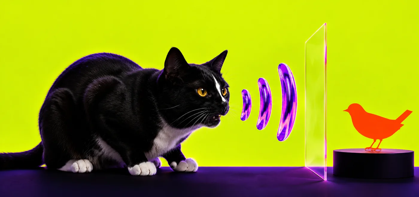 The chamber: a tuxedo cat, three chatter waves, an acrylic pane and an orange bird on a plinth.